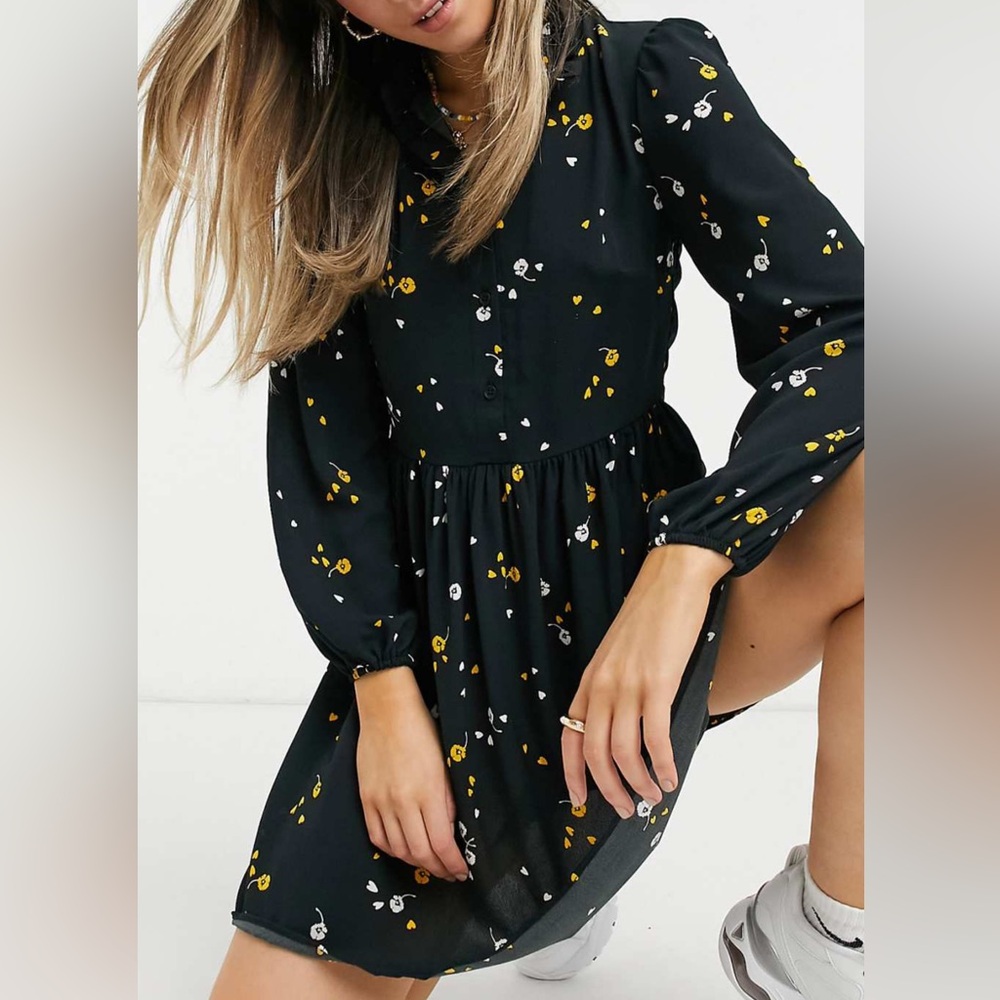 ASOS Long Sleeve Button Front Mini Smock Dress in Floral Print
